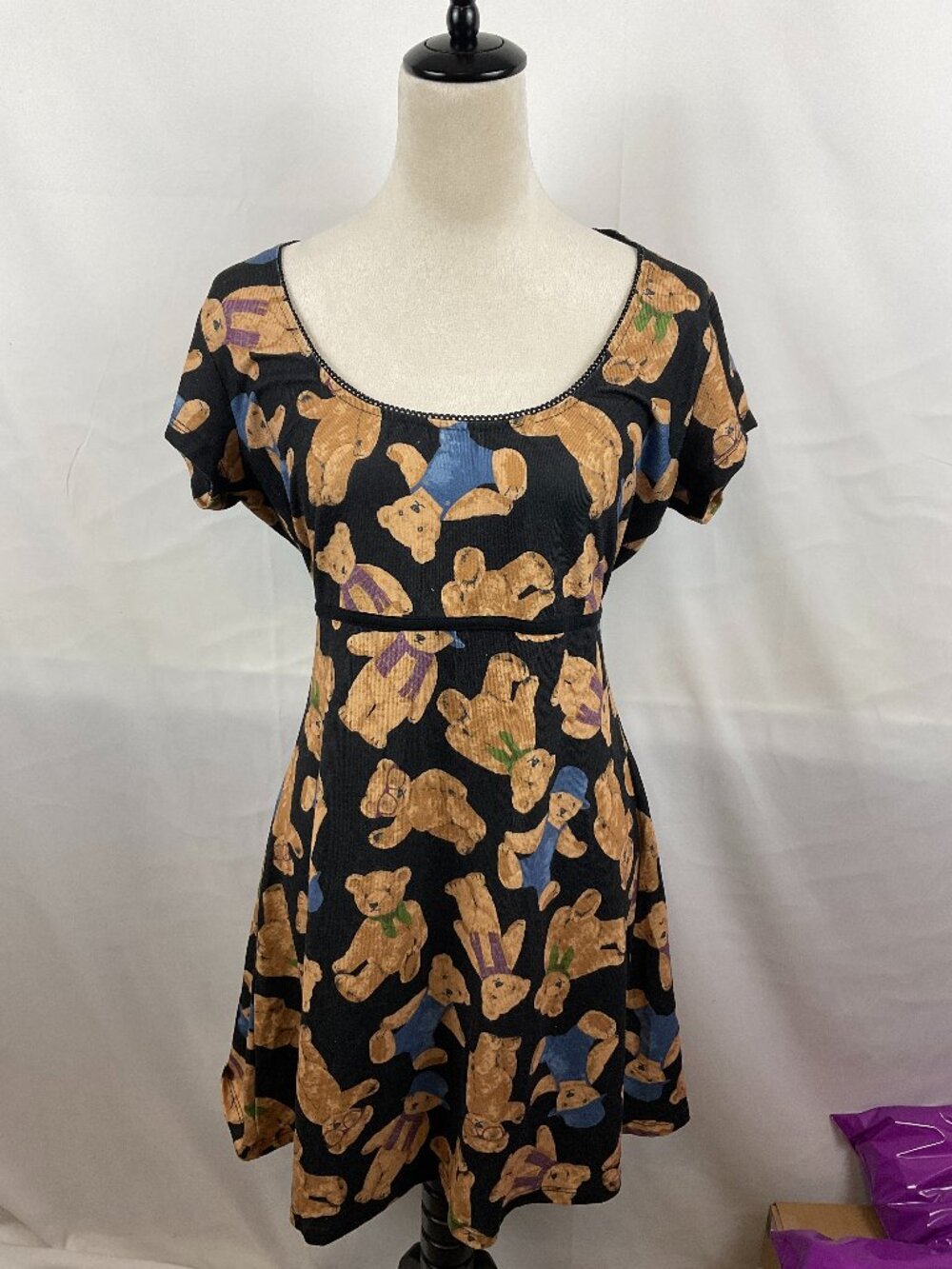 Delia's Dress 1X Empire Waist Dress Teddy Bear Black Blue Tan Lightweight